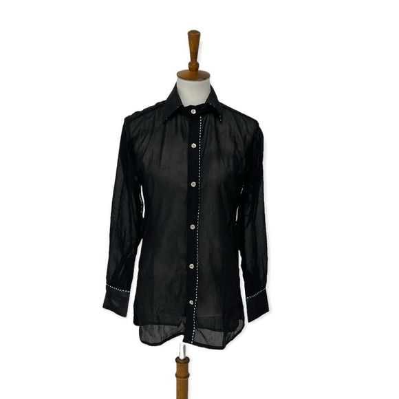 Black sheer floral blue trim button front collared blouse top small - Picture 1 of 9